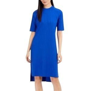 Eileen Fisher Medium Blue Ribbed Mock-Neck Drop-Hem Dress Tencel Minimalist